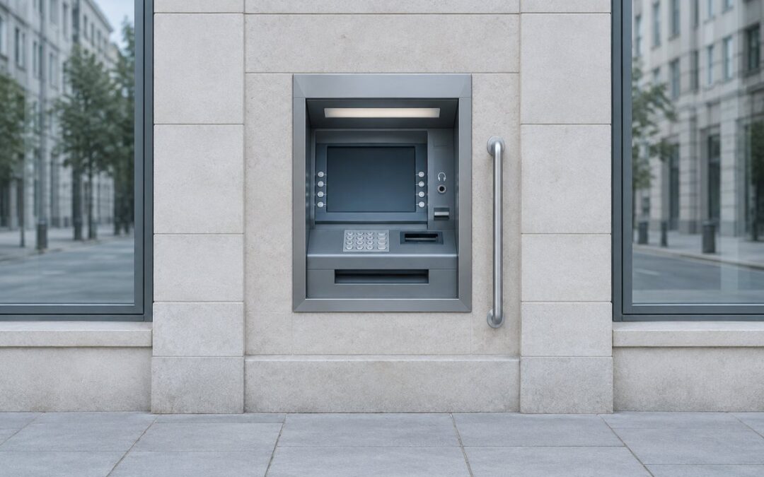 Kőhomlokzatba épített utcai bankautomata fejhallgató-csatlakozóval és kapaszkodóval.