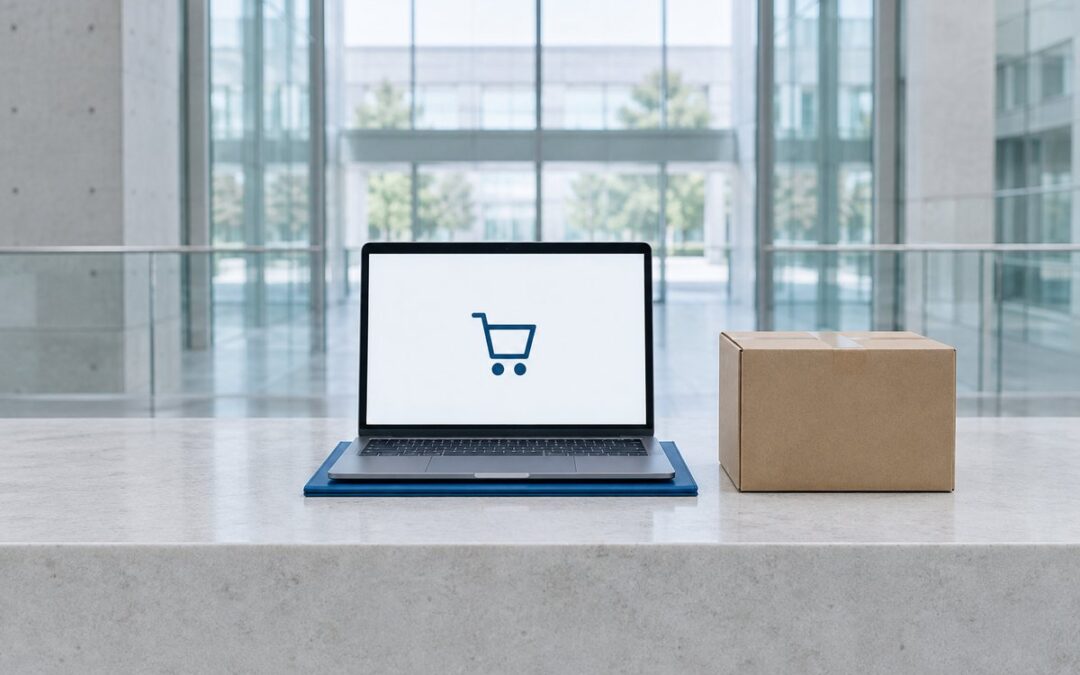 Nyitott laptop bevásárlókosár-ikonnal és mellette egy lezárt csomag egy világos kőpulton.